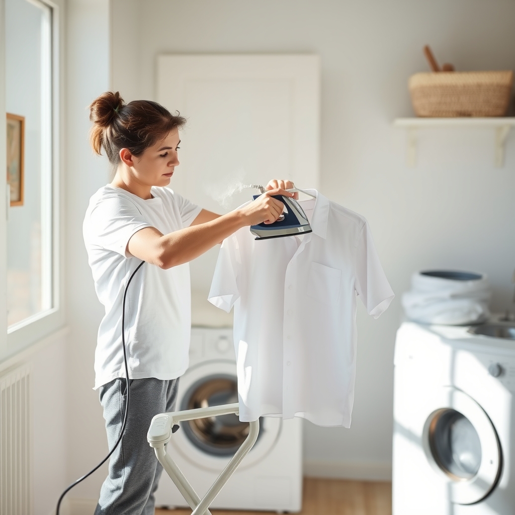Personne repassant une chemise blanche sur une table à repasser dans une buanderie lumineuse