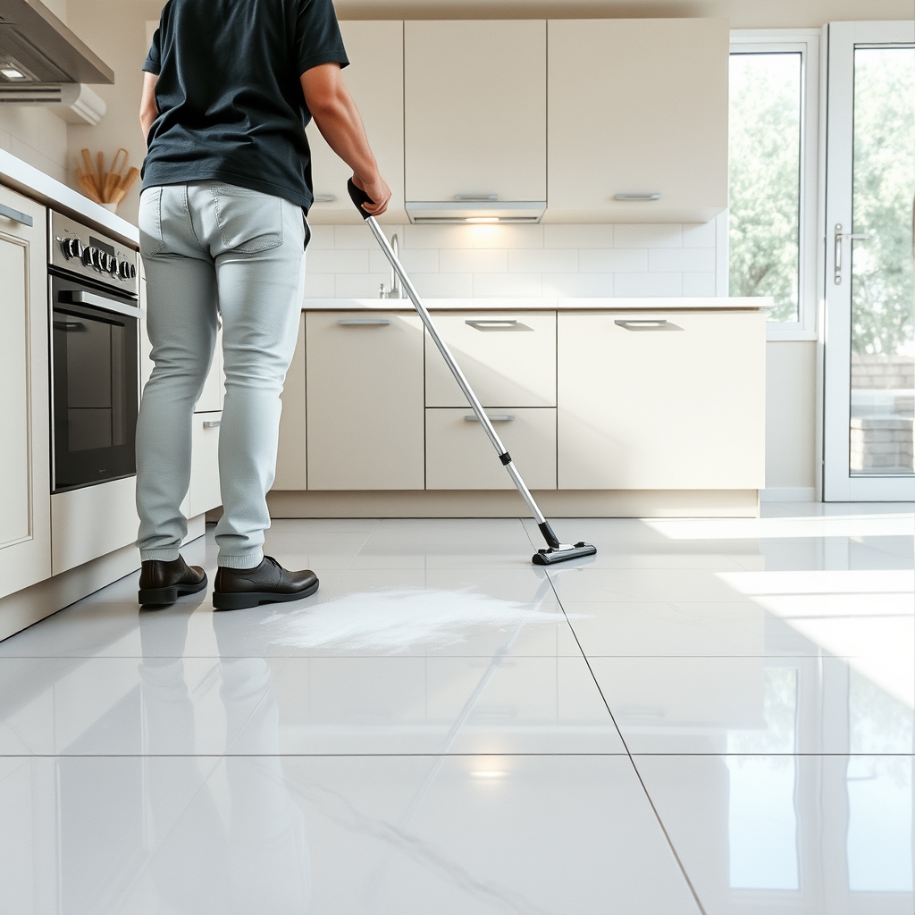 Personne nettoyant un sol carrelé à la vapeur dans une cuisine lumineuse