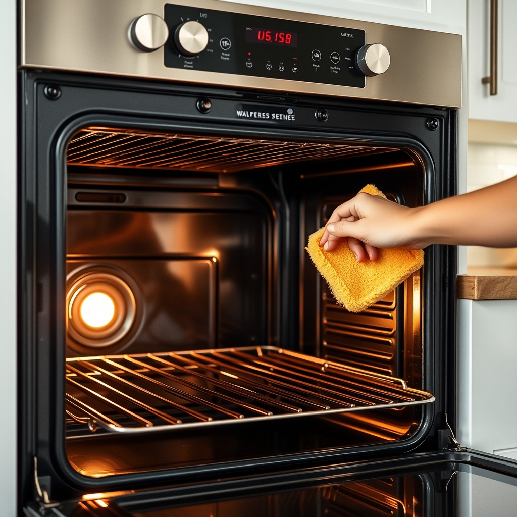 Personne nettoyant l'intérieur d'un four dans une cuisine lumineuse