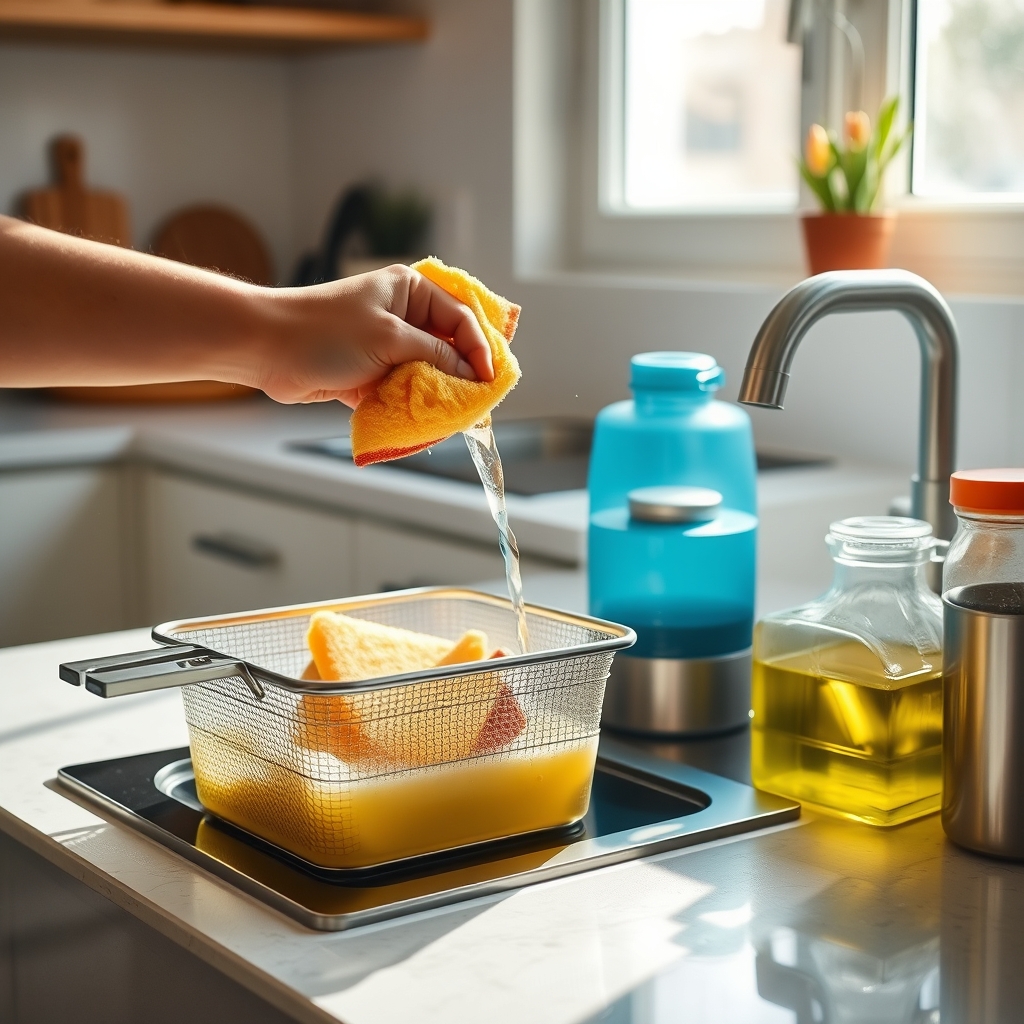 Nettoyage d'un panier et d'une cuve de friteuse dans une cuisine lumineuse