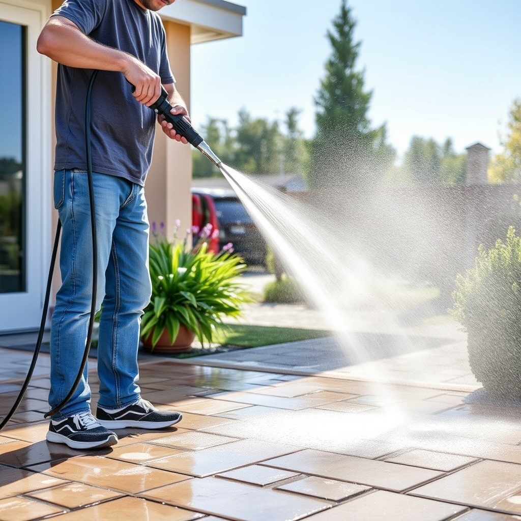 Nettoyage d'une terrasse pavée avec un nettoyeur haute pression à eau froide