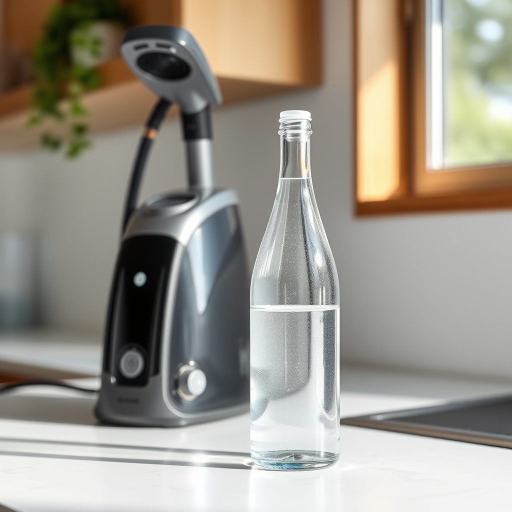 Bouteille d'eau déminéralisée à côté d'un nettoyeur vapeur sur un plan de travail