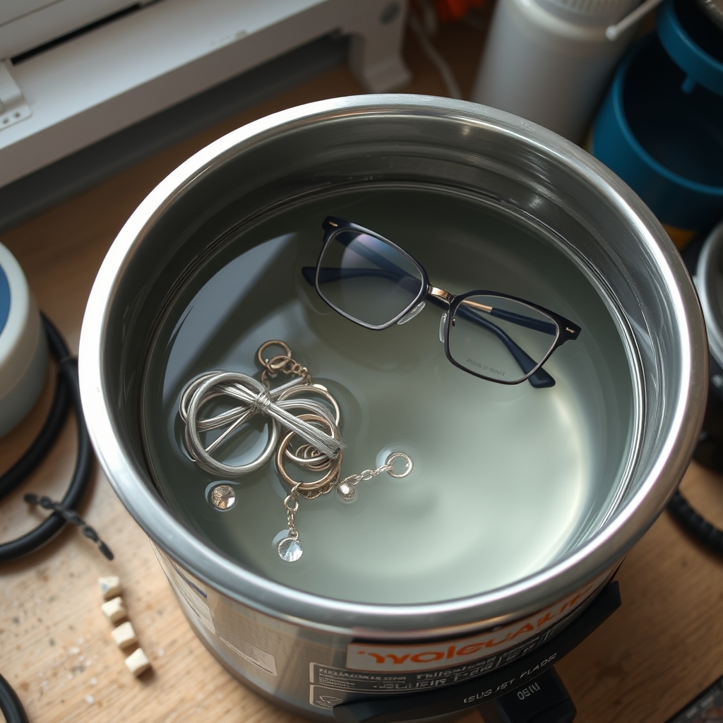 Bijoux et lunettes dans la cuve d'un nettoyeur à ultrasons remplie de liquide