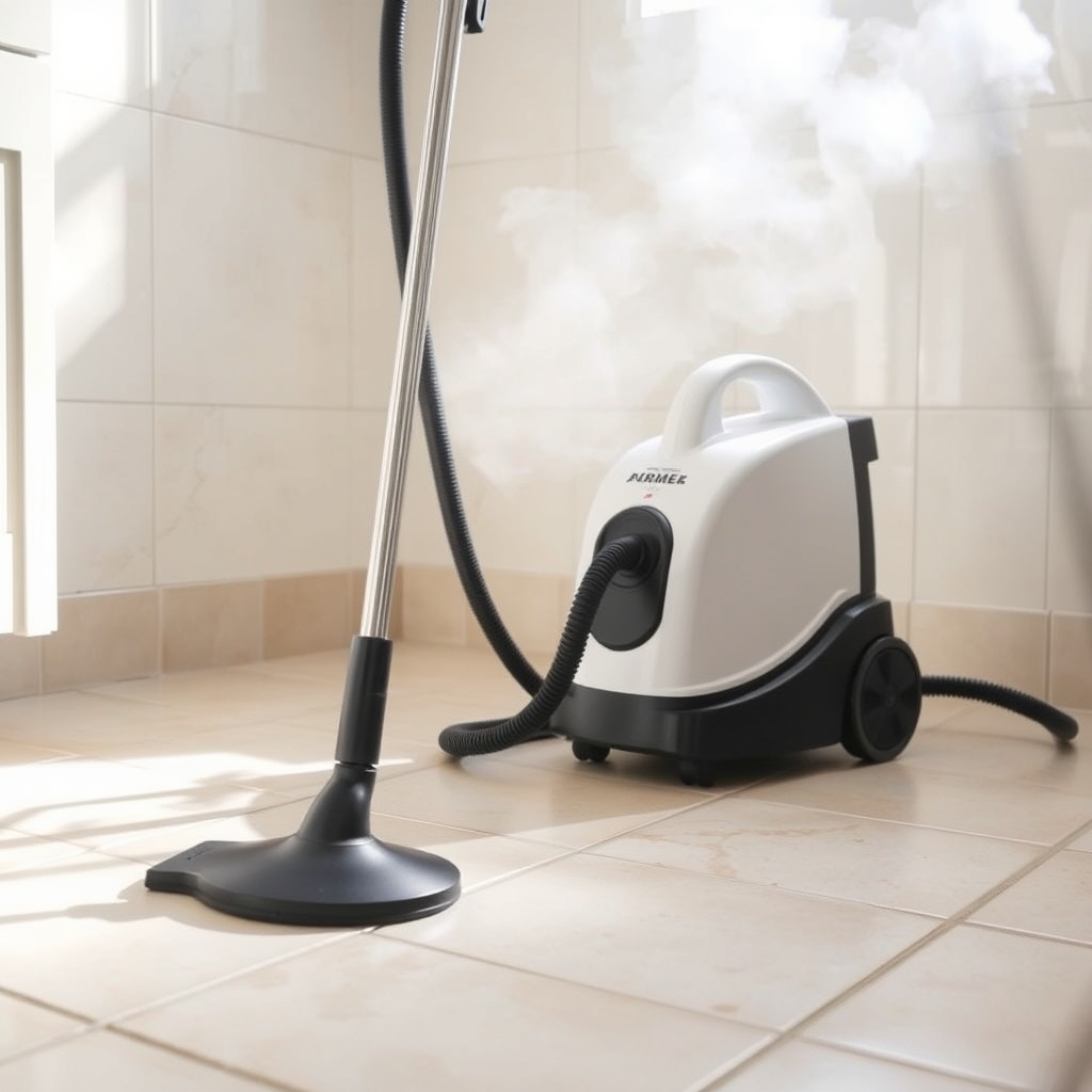 Nettoyeur vapeur traîneau avec flexible et buse sur sol de salle de bain
